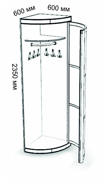 Радион угловой элемент с дверью 600*600*2350 мм. - крючки