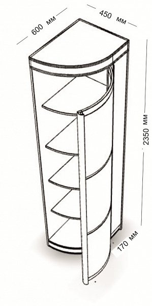 Радион угл. элемент, с дверью ассиметр. 600*450*2350 мм. 